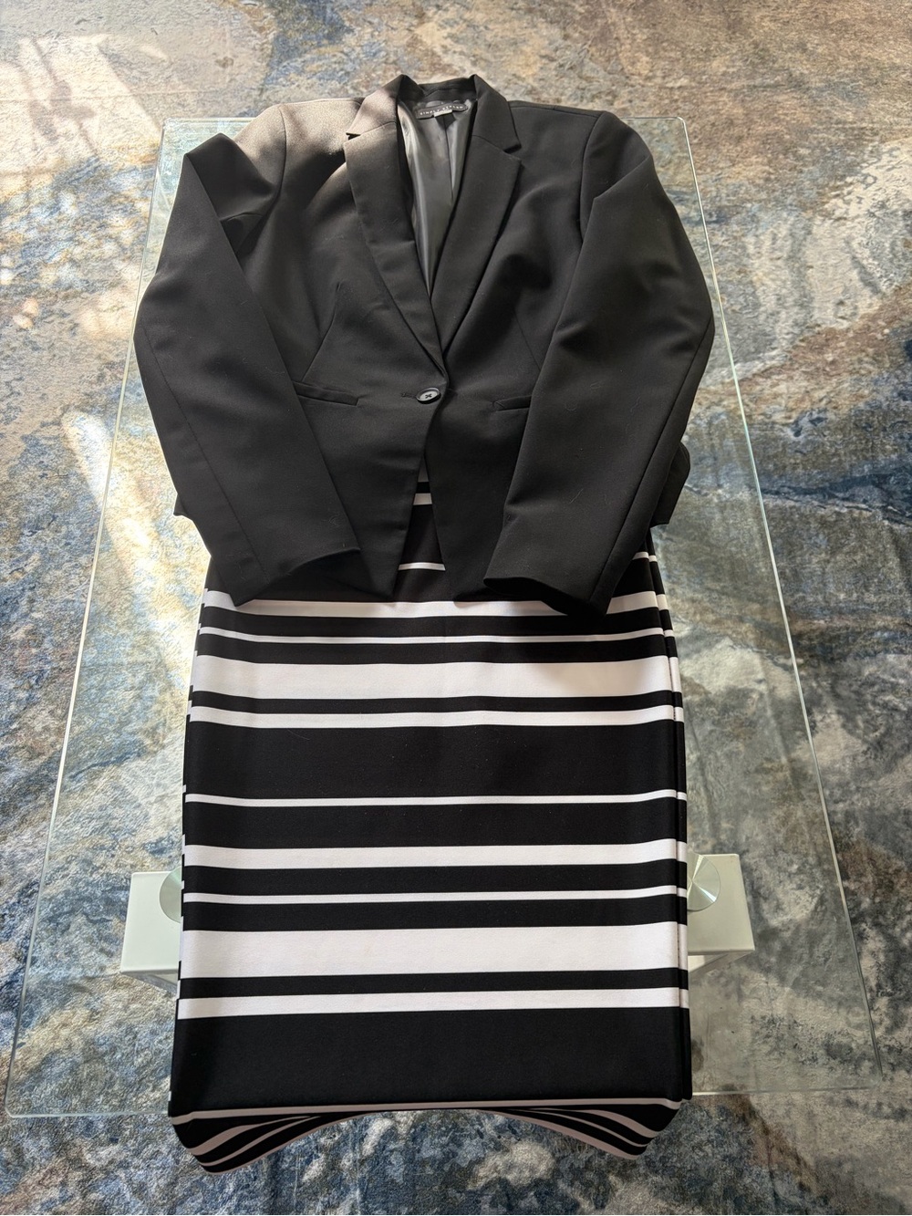 Simply Styled Blazer & Black and White iZ Byer Striped Pencil Skirt